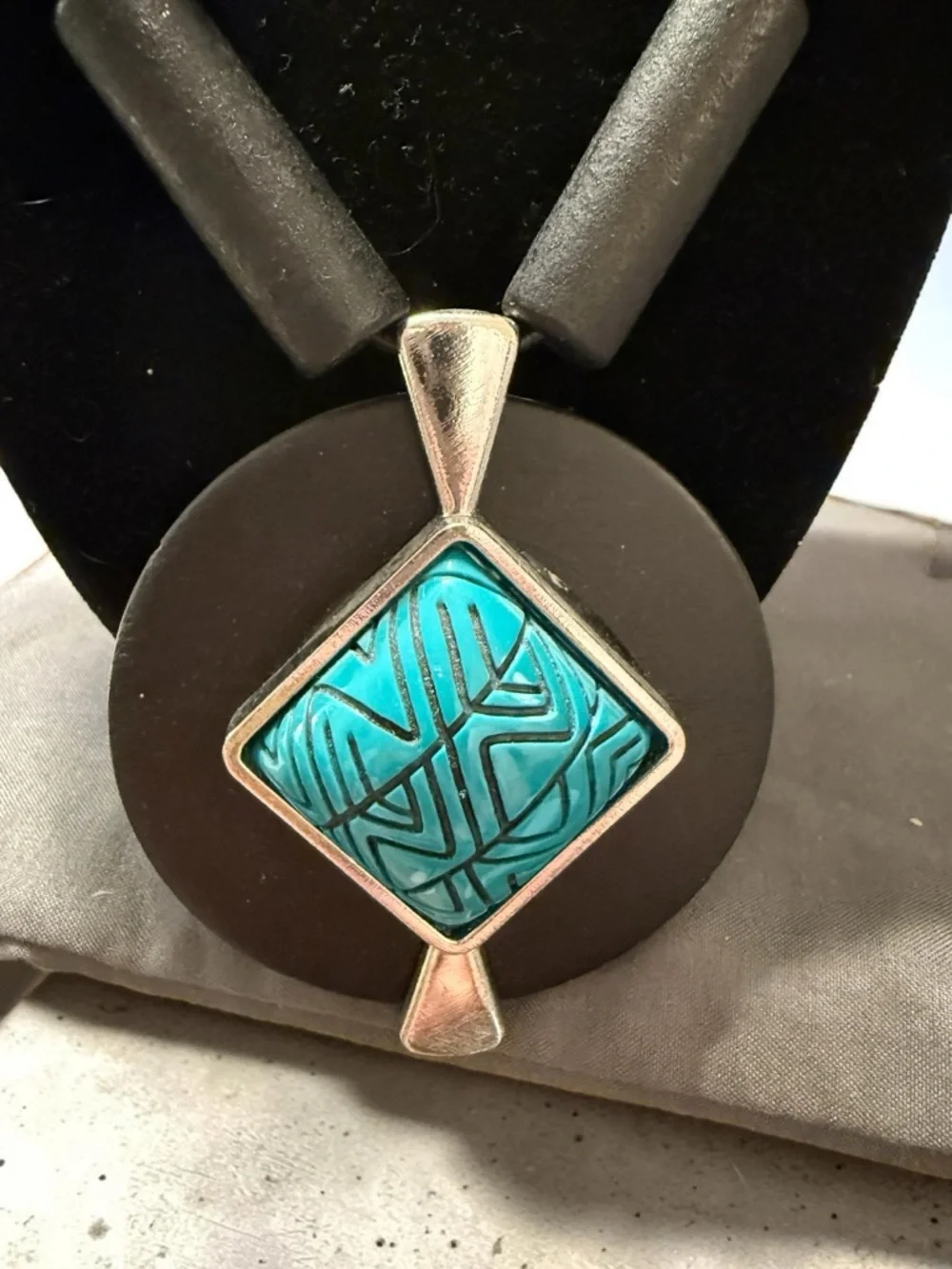 Chico's Wooden Black and Turquoise Geometric Pendant Necklace 16” + 4” Extender